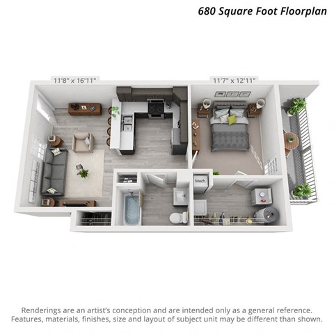 Floor plan for 1 bed, 1 bath, 680 sqft